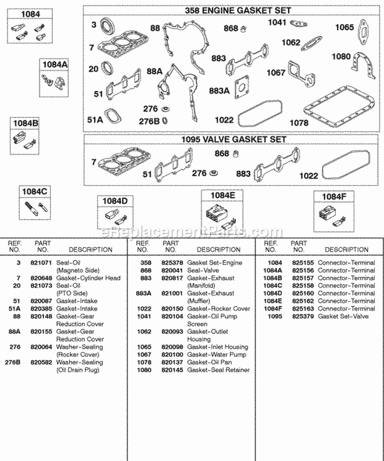 EngineValve Gasket Sets Terminal Connectors Diagram and Parts List for 583447-0217-E2  Briggs and Stratton Engine